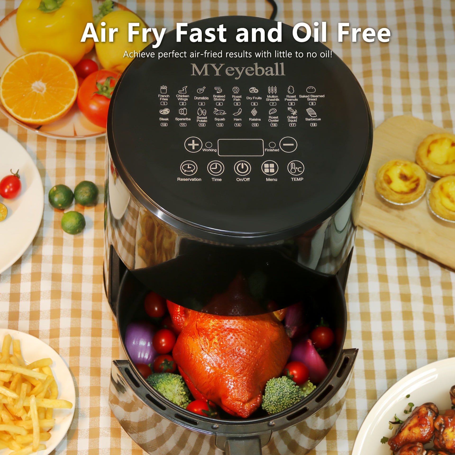 Air Fryer 6.5QT, Smart Home Visual Touch Screen Electric Fryer Oil-free Multifunctional Potato Chip Oven Crispy Skin, Baking, Reheating, Baking Fast and Easy To Eat White&black