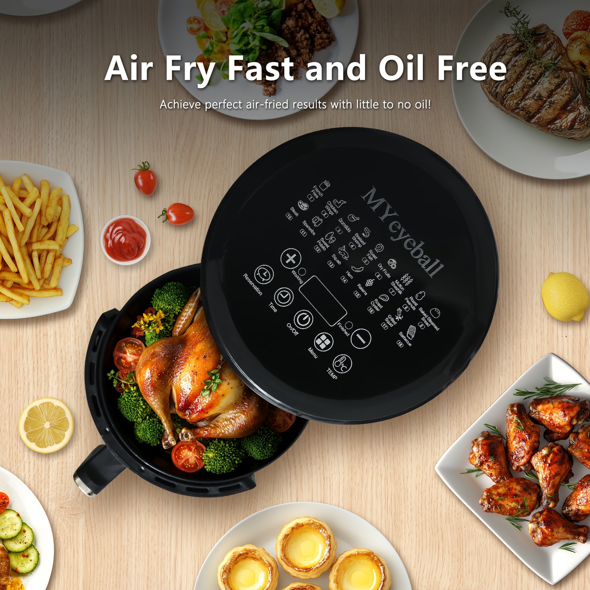 Air Fryer 6.5QT, Smart Home Visual Touch Screen Electric Fryer Oil-free Multifunctional Potato Chip Oven Crispy Skin, Baking, Reheating, Baking Fast and Easy To Eat White&black