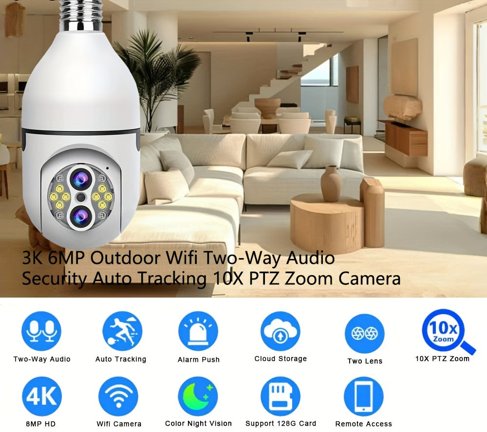 Overscam 6MP 10X Zoom Light Bulb Security WIFI Camera, Wireless Security Camera, Double Lens Mini 355° PTZ Panoramic Smart Home IP Camera, E27 Light Socket Camera 2.4g Full Color Night Vision, Baby Pet Monitor, Two Way Audio