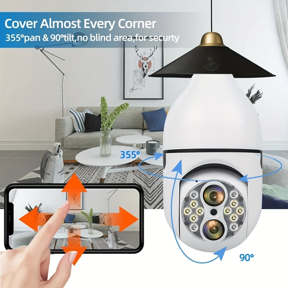 Overscam 6MP 10X Zoom Light Bulb Security WIFI Camera, Wireless Security Camera, Double Lens Mini 355° PTZ Panoramic Smart Home IP Camera, E27 Light Socket Camera 2.4g Full Color Night Vision, Baby Pet Monitor, Two Way Audio