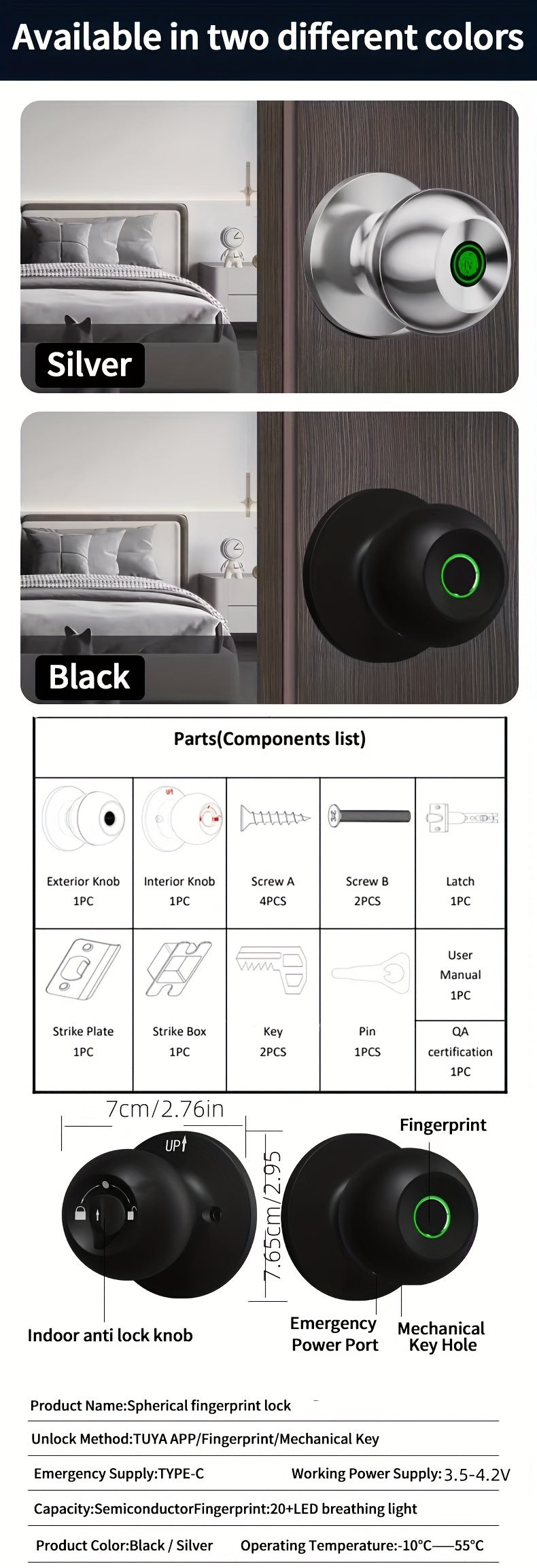 Manenvari Tuya Smart Door Lock BT Wireless Aluminum Alloy 36V Rechargeable Lithium Battery Fingerprint USB Charging Remote Control, Easy Installation Can Smart Home Compatible With Tuya Smart Lift APP For Room, Garage, Office
