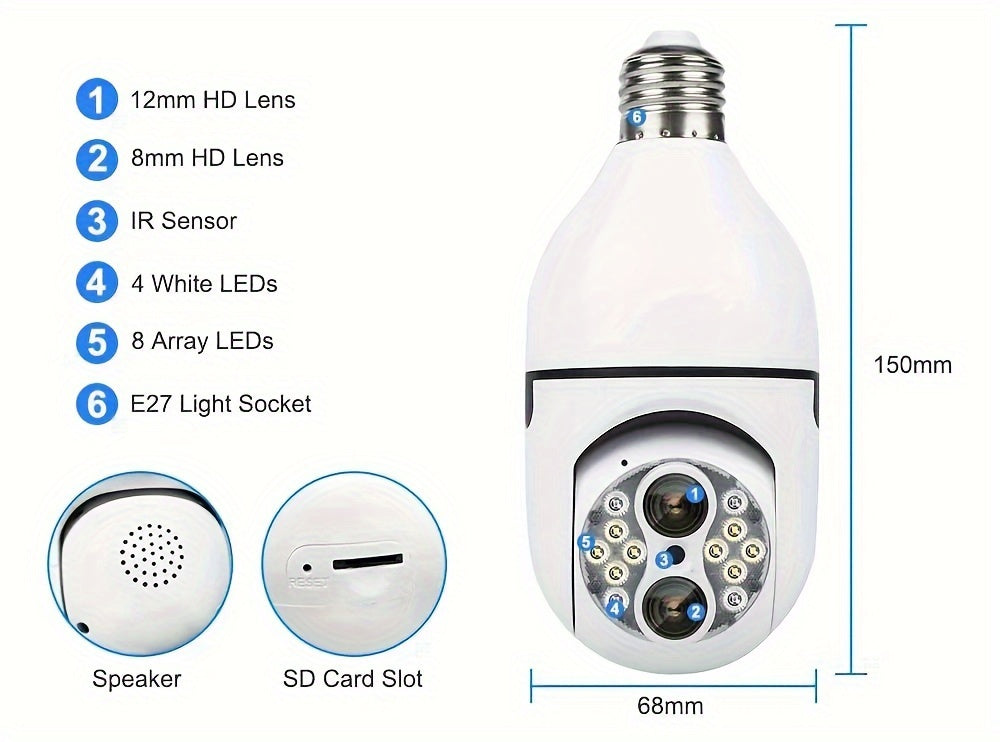 Overscam 6MP 10X Zoom Light Bulb Security WIFI Camera, Wireless Security Camera, Double Lens Mini 355° PTZ Panoramic Smart Home IP Camera, E27 Light Socket Camera 2.4g Full Color Night Vision, Baby Pet Monitor, Two Way Audio