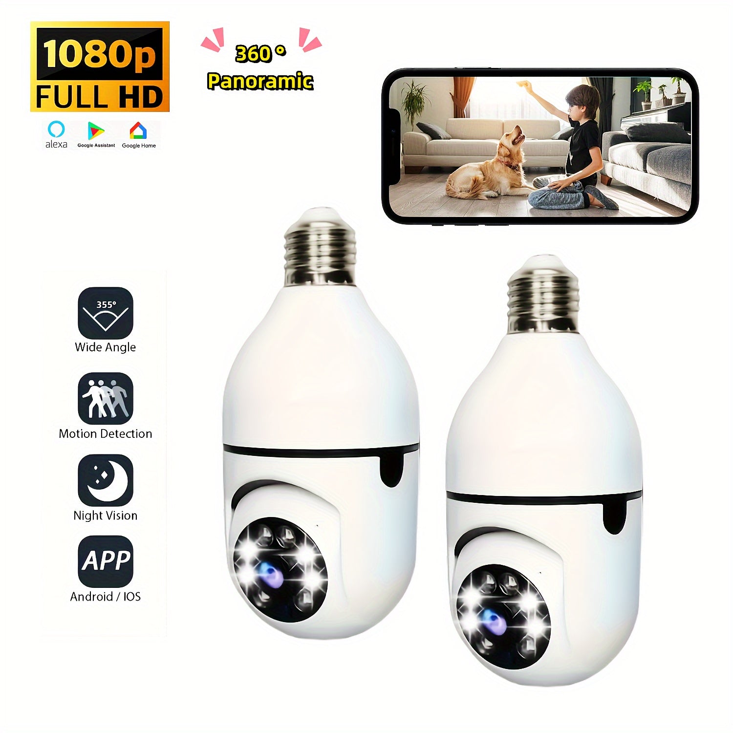 New HD 1080P 2.4Ghz Wifi E27 Light Bulb IP Camera Smart Home Security Video Surveillance Network PTZ Camera System Supprt Two Way Audio Mobile Motion Detection Audible And Visual Active Defense Alarm Notification Push Baby Mo