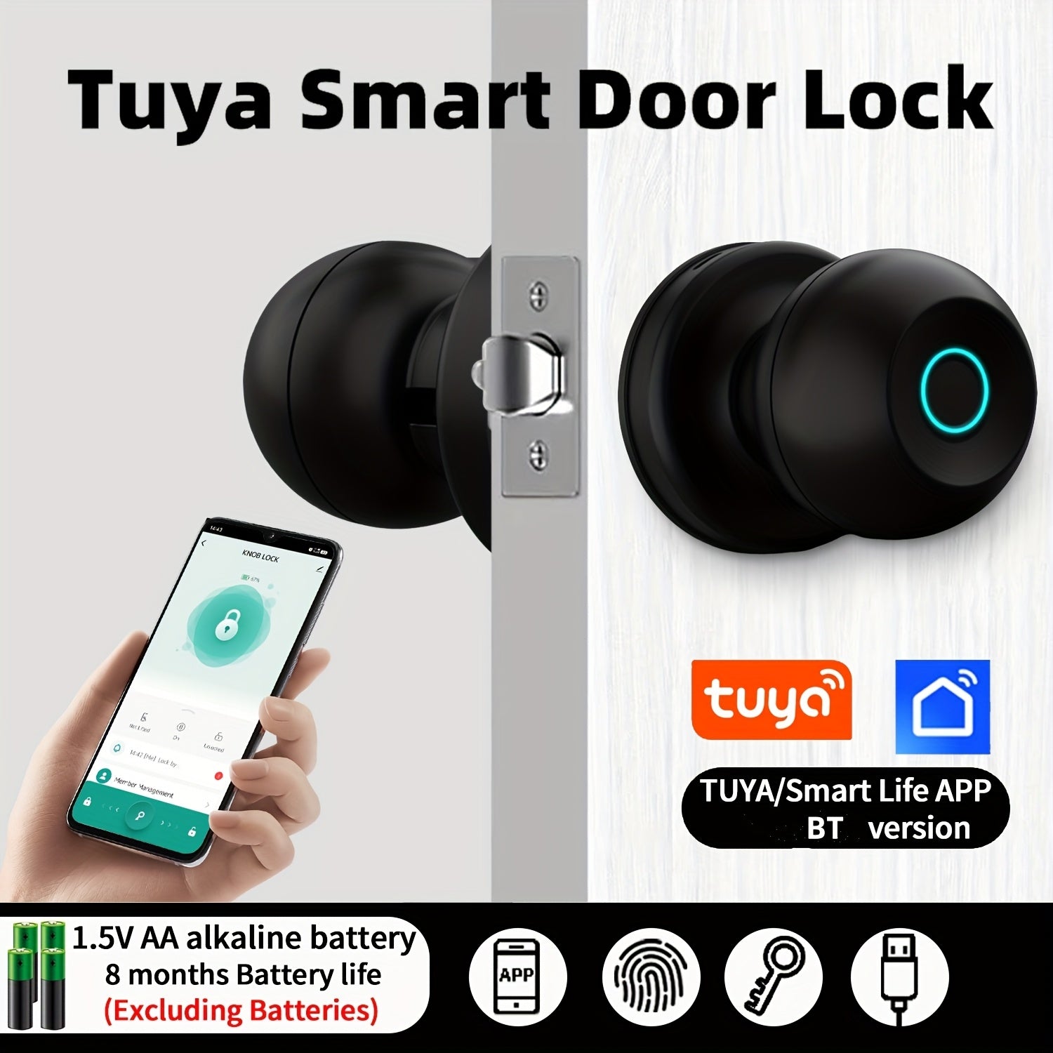 Manenvari Tuya Smart Door Lock BT Wireless Aluminum Alloy 36V Rechargeable Lithium Battery Fingerprint USB Charging Remote Control, Easy Installation Can Smart Home Compatible With Tuya Smart Lift APP For Room, Garage, Office