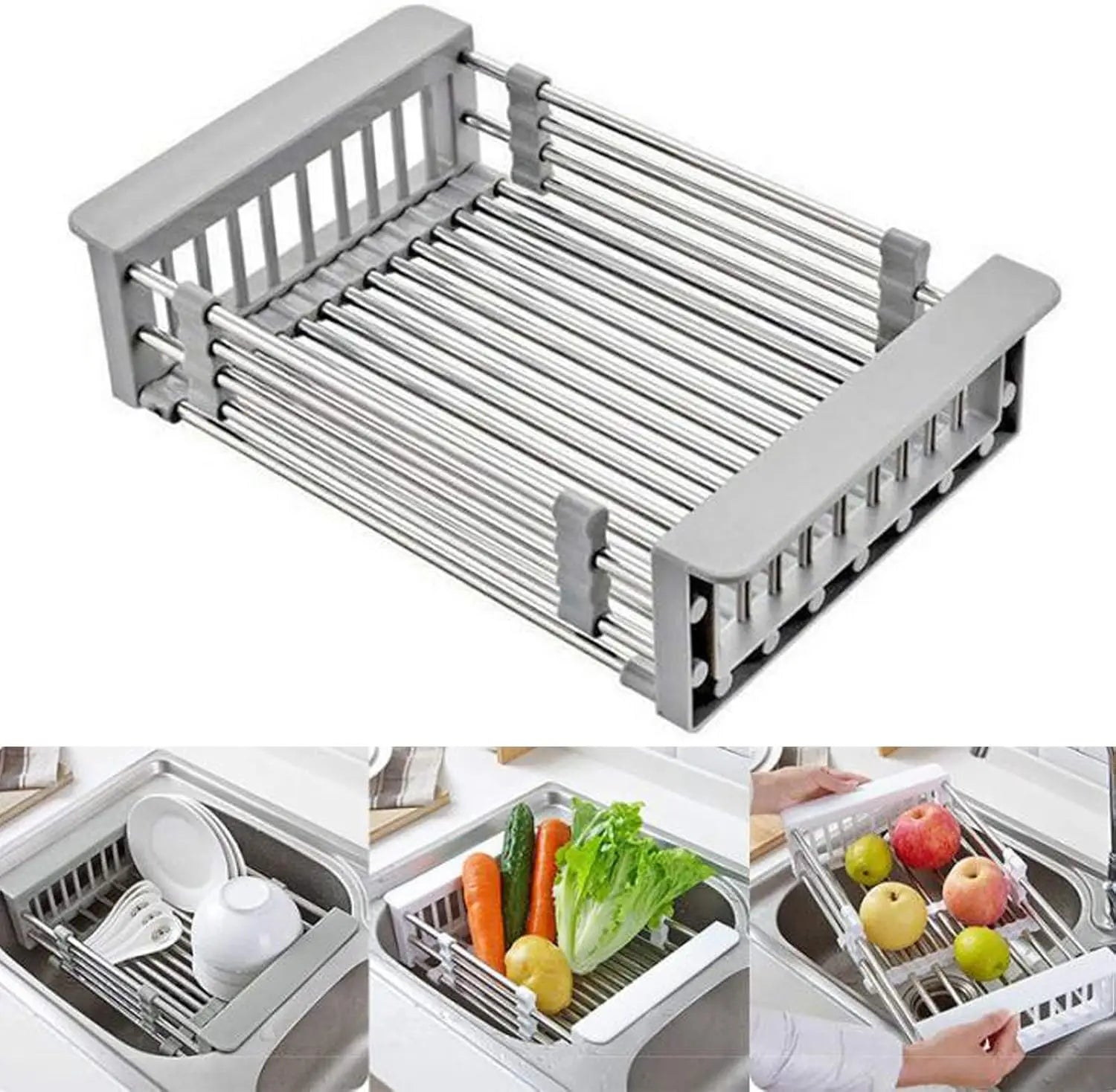 Adjustable Over-The-Sink Dish Drying Rack with Stainless Steel Drain Basket - Portable & Telescopic Space-Saving Solution for fr