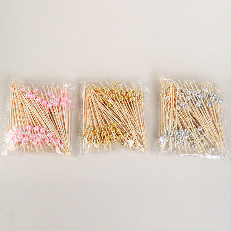 100pcs 12cm Gold Beads Bamboo Fruit Sticks Fruit Salad Snack Fork Cocktail Decor Cake Buffet Toothpicks Party Tableware Supplies