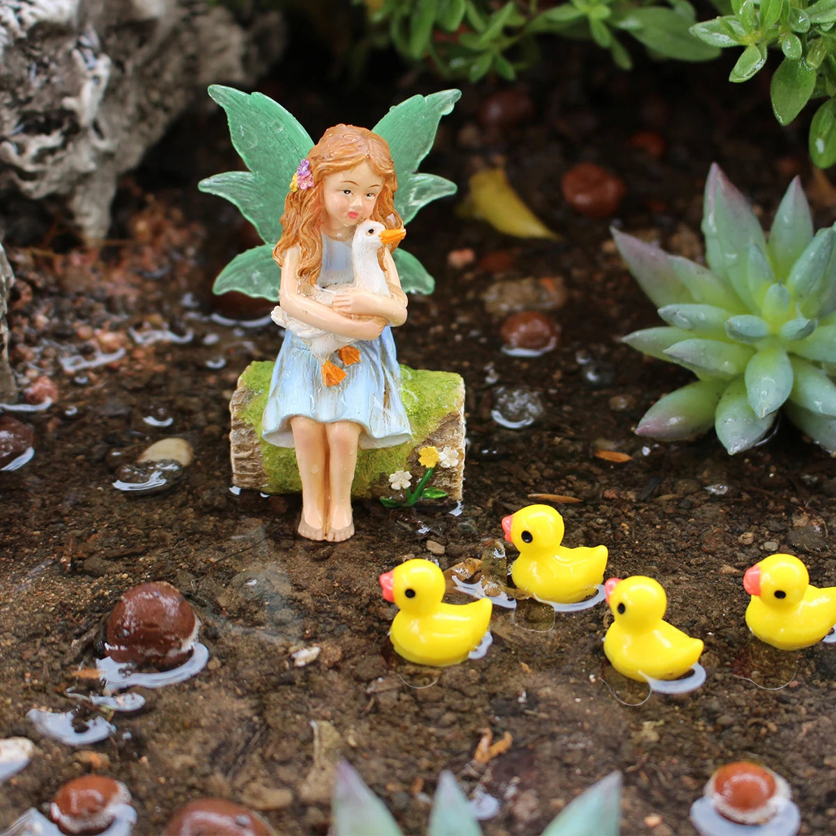 1 set of flower fairy holding duck landscape, outdoor fairy tale mini garden decoration handicraft flower pot accessories, fairy