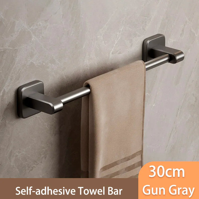 Self-Adhesive Bathroom Towel Rack Holder without Drilling Kitchen Cabinet Dishcloth Rack Black Aluminum Hand Towel Hanger Rod