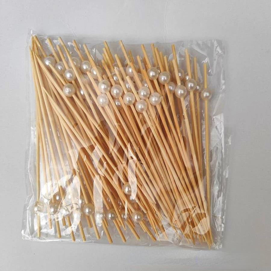 100pcs 12cm Gold Beads Bamboo Fruit Sticks Fruit Salad Snack Fork Cocktail Decor Cake Buffet Toothpicks Party Tableware Supplies