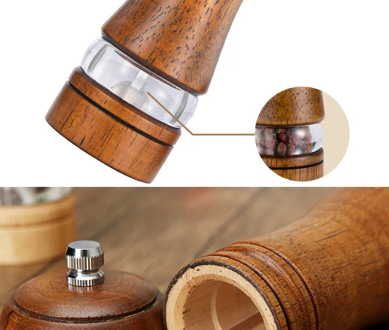 6-inch Manual Pepper Grinder Rubber Wood Acrylic Salt Shakers Adjustable Ceramic Rotor-Refillable Oak Spice Salt Grinding Bottle