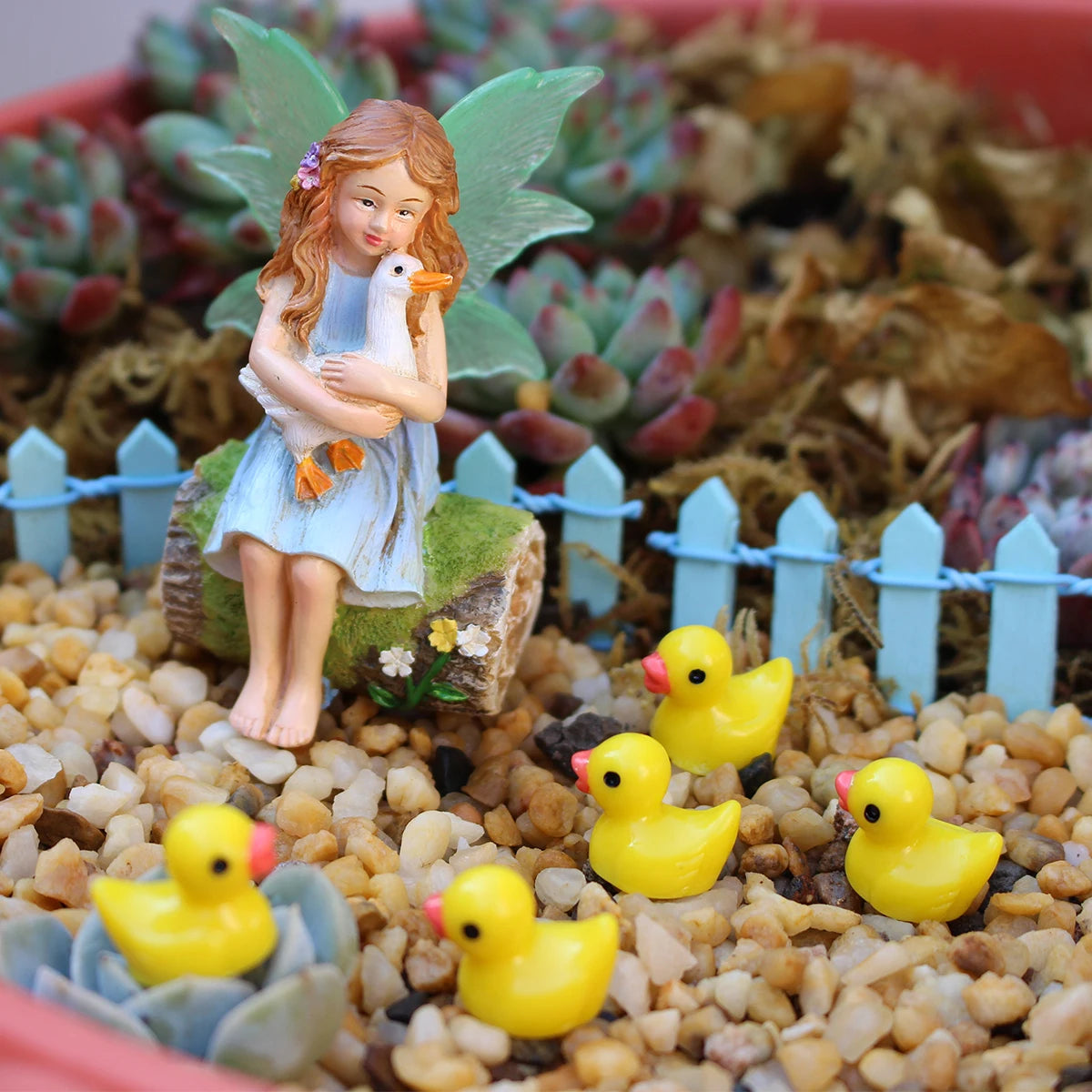1 set of flower fairy holding duck landscape, outdoor fairy tale mini garden decoration handicraft flower pot accessories, fairy