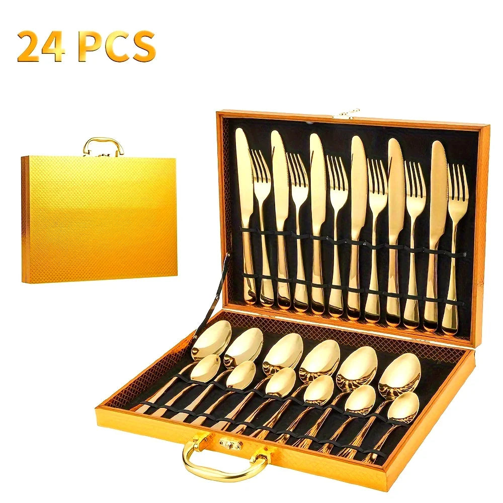 24pcs Elegant Stainless Steel Black Flatware Set, Classic Knife, Fork Spoon Gift Set Mirror Polish Gold Cutlery Dishwasher Saf
