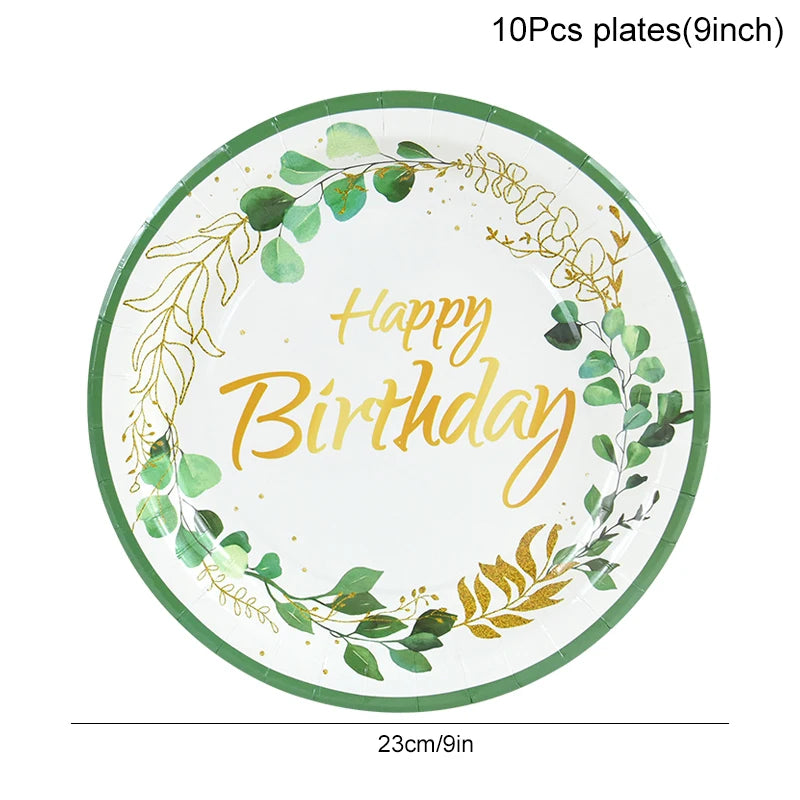 Green Eucalyptus Leaf Disposable Tableware Set Paper Plate Cup Napkin Kids Adult Birthday Supplies Hawaiian Summer Party Decor