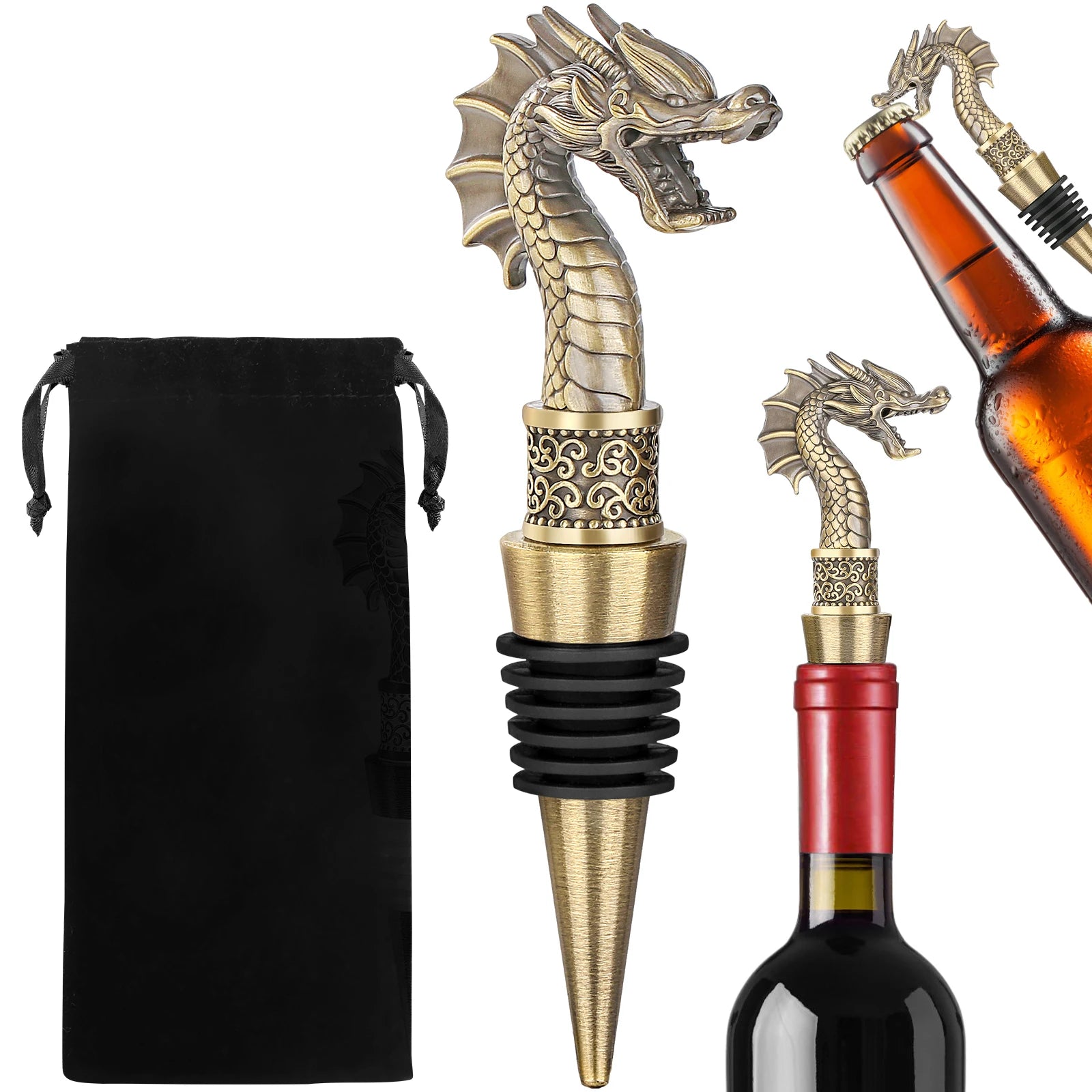 LKKCHER Useful 2-in-1 Dragon Head Wine Stopper and Opener Fashion Home Bar Ornaments Bottle Saver 2024 New Year Gifts for Men