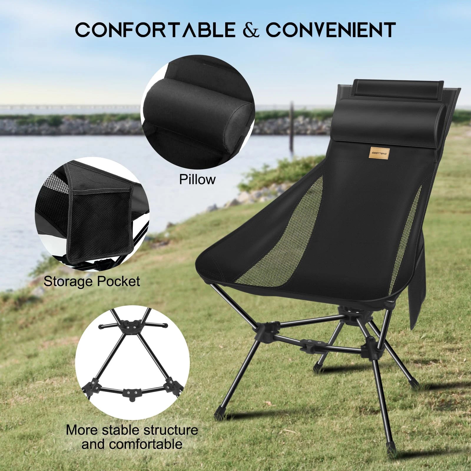 WESTTUNE Camping Moon Chair Ultralight Fishing Folding Chair with Headrest for Relaxing Foldable Leisure Travel Furniture Picnic