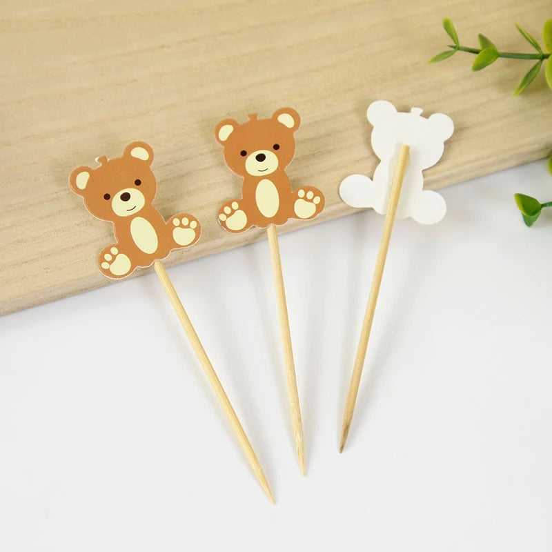 20Pcs Cute Bear Disposable Bamboo Food Pick Baby Shower Santa Dessert Fruit Salad Toothpick Birthday Party Decoration Supplies