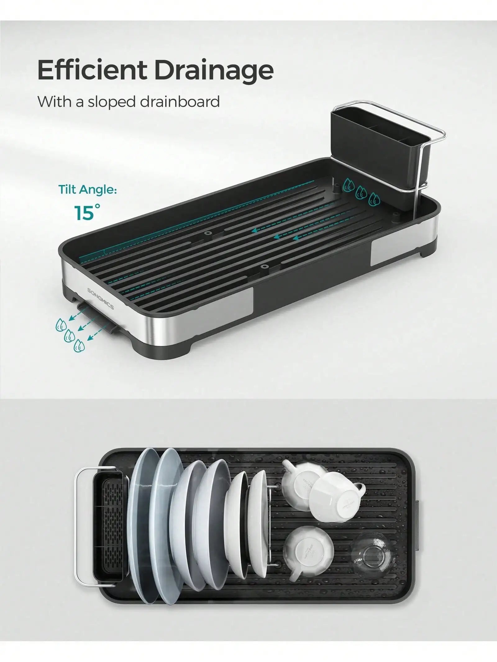 SONGMICS Small Dish Drying Rack, Dish Dryer for Kitchen Counter, Stainless Steel Dish Rack with Drain, Utensil Holder,Rustproof