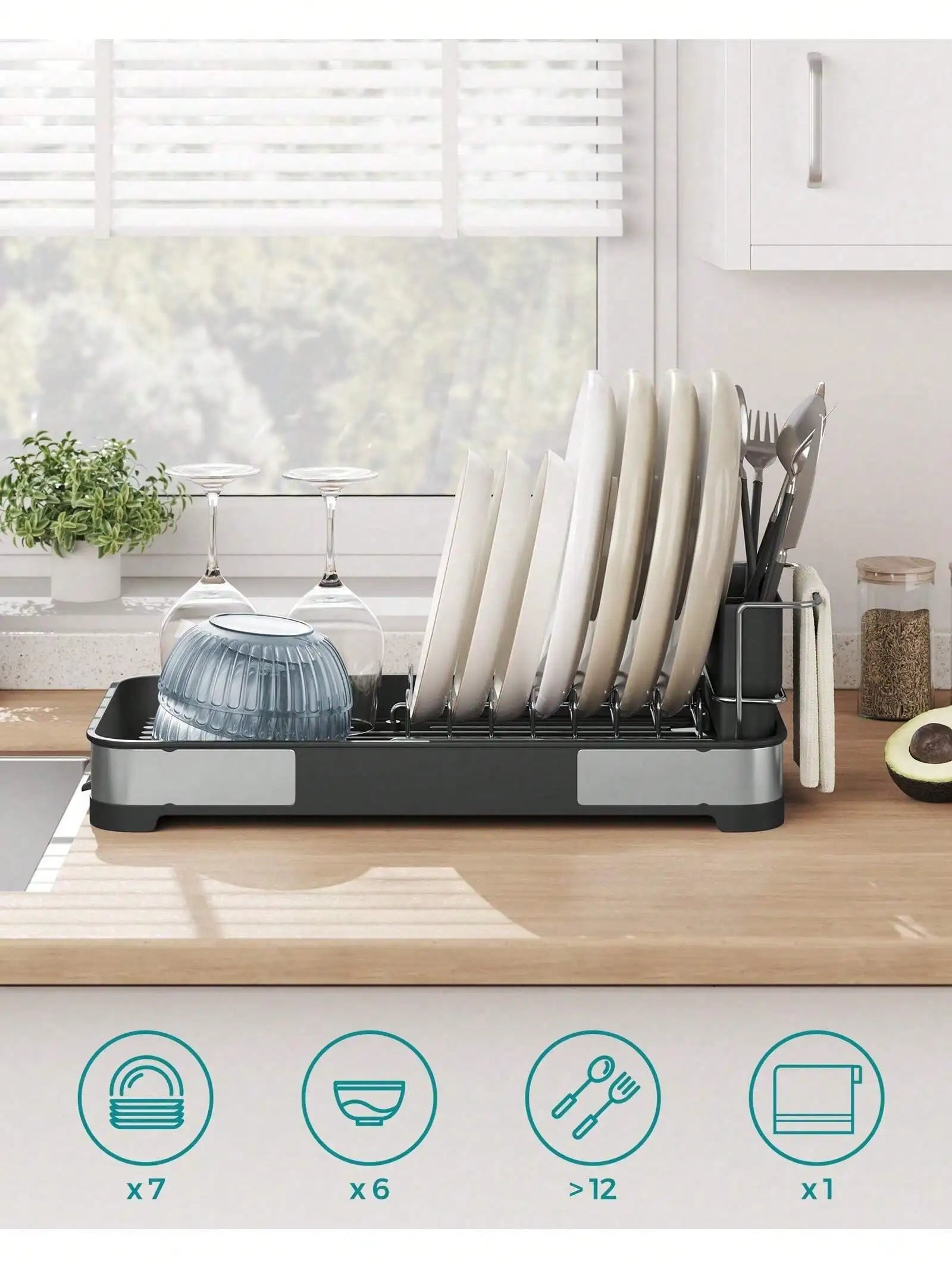 SONGMICS Small Dish Drying Rack, Dish Dryer for Kitchen Counter, Stainless Steel Dish Rack with Drain, Utensil Holder,Rustproof