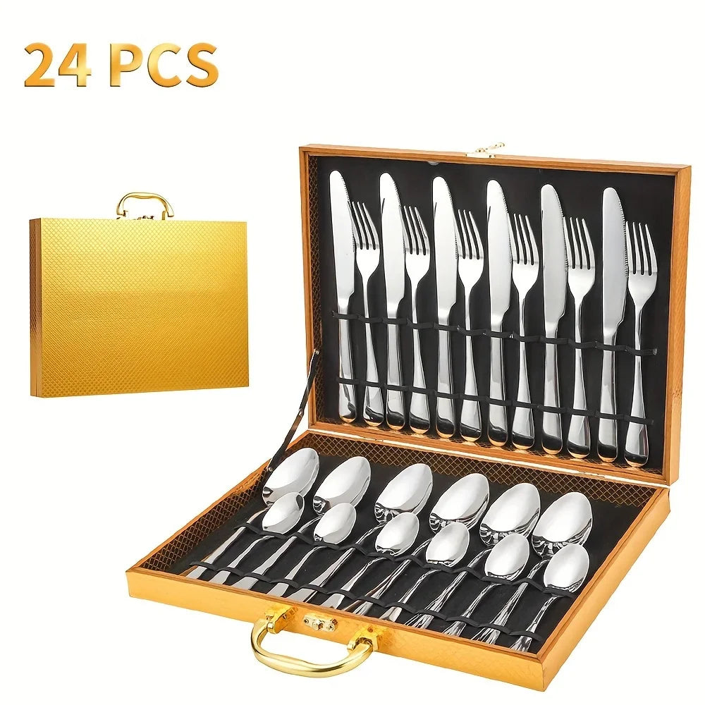 24pcs Elegant Stainless Steel Black Flatware Set, Classic Knife, Fork Spoon Gift Set Mirror Polish Gold Cutlery Dishwasher Saf