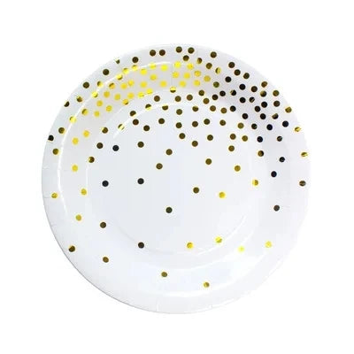 Disposable Paper Plates Gold Party Supplies, Golden Polka Dots Birthday and Baptism Decorations, include Plates and Cups, Napkin