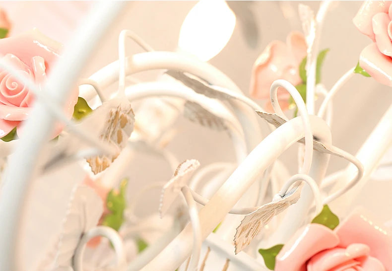 Rural Bedroom Chandelier French Living Room Children's Room Iron Flowers Plants Warm American Retro Fresh Ceramic Pendant Lamps