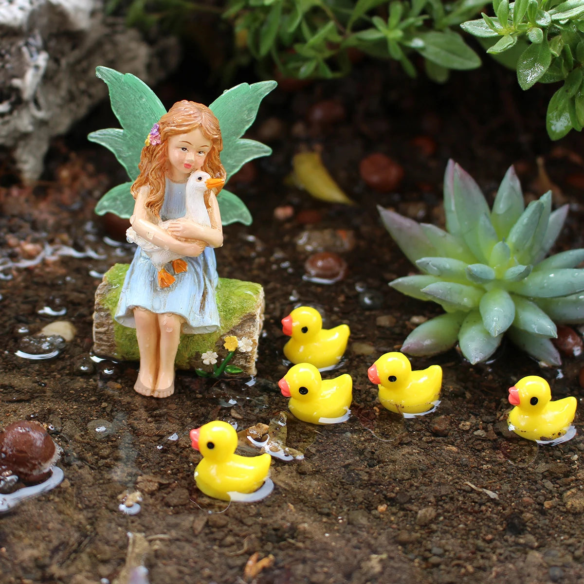 1 set of flower fairy holding duck landscape, outdoor fairy tale mini garden decoration handicraft flower pot accessories, fairy