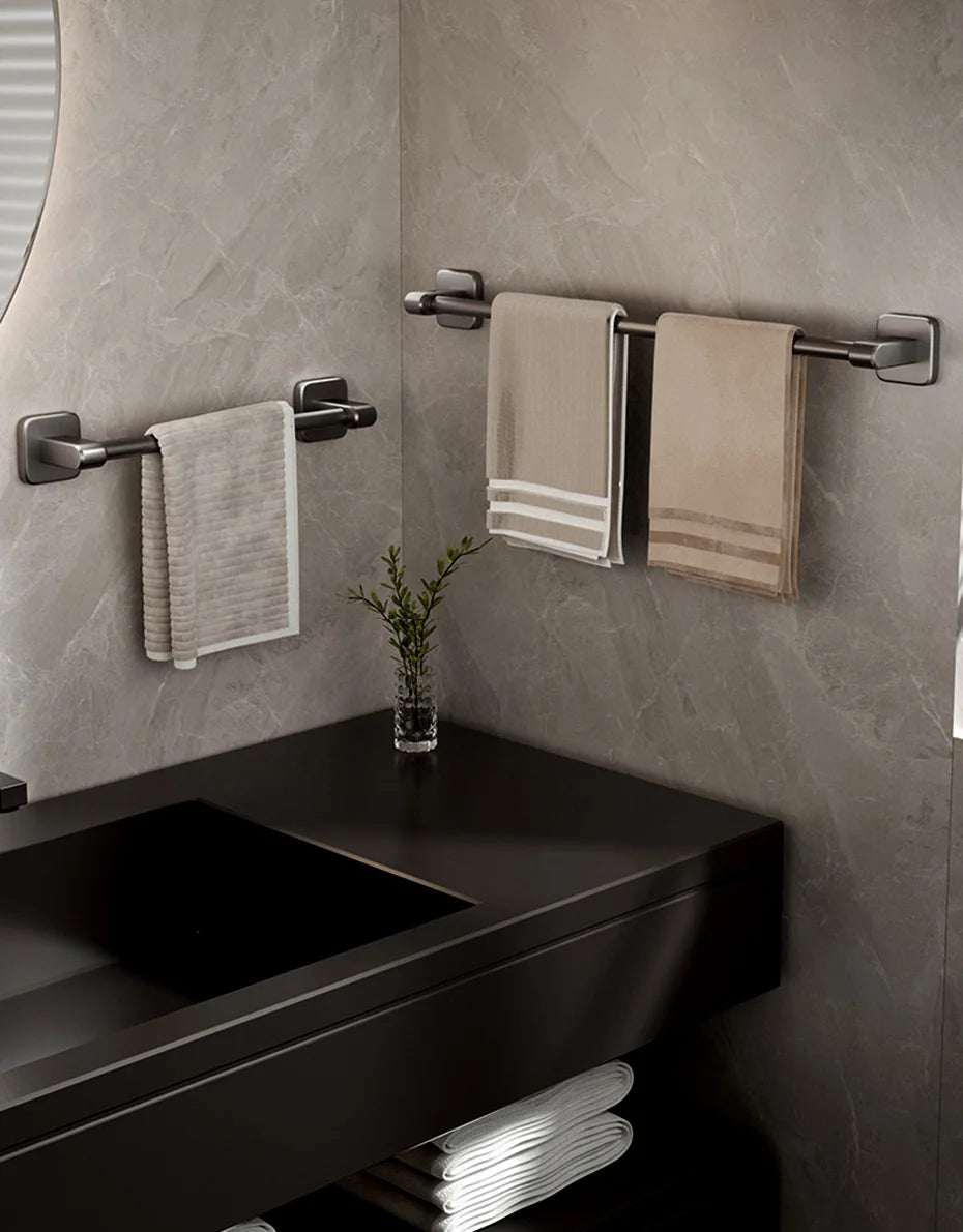 Self-Adhesive Bathroom Towel Rack Holder without Drilling Kitchen Cabinet Dishcloth Rack Black Aluminum Hand Towel Hanger Rod