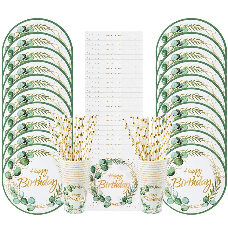 Green Eucalyptus Leaf Disposable Tableware Set Paper Plate Cup Napkin Kids Adult Birthday Supplies Hawaiian Summer Party Decor