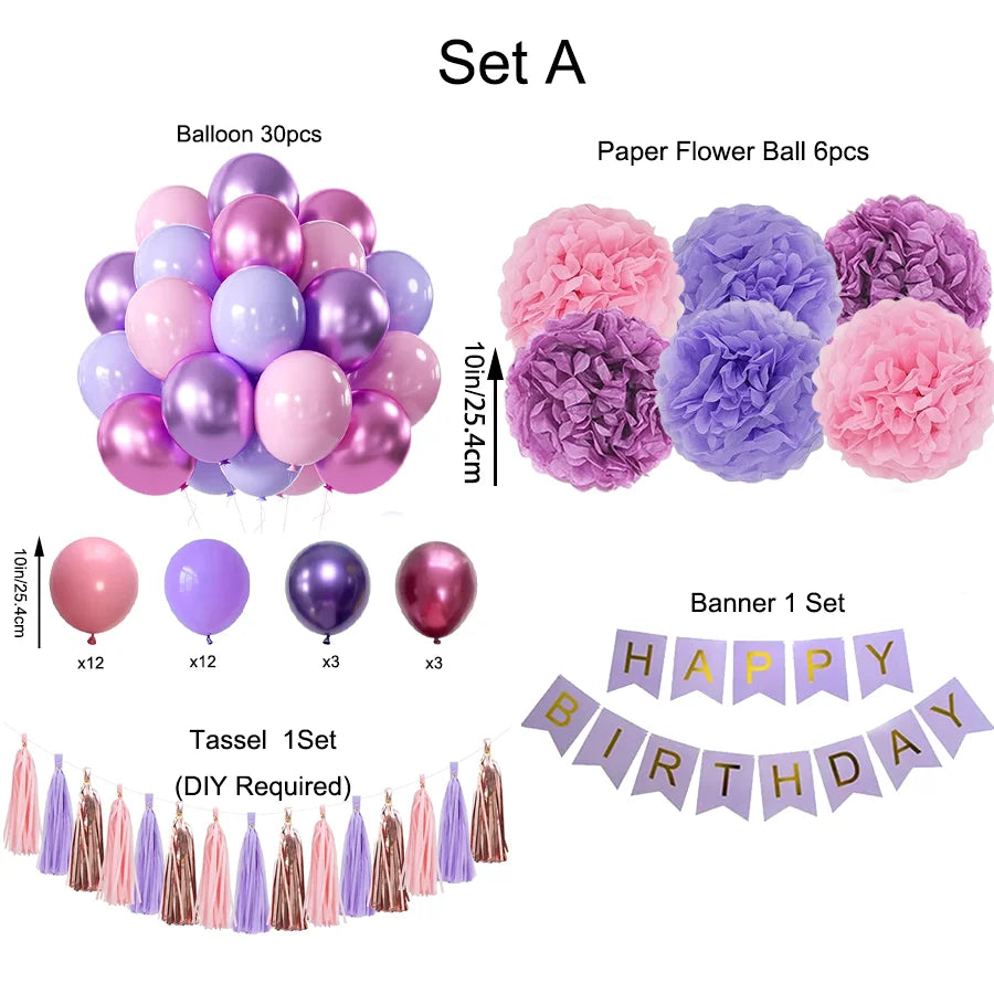 Purple Pink Birthday Party Decorations Set with Happy Birthday Banner, Tissue Paper Pompoms, Tassel Garland, and Balloon Set
