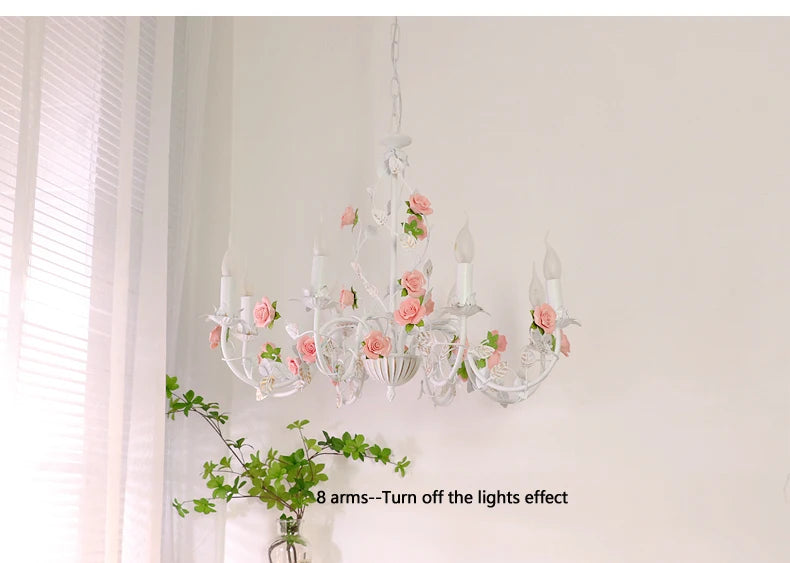 Rural Bedroom Chandelier French Living Room Children's Room Iron Flowers Plants Warm American Retro Fresh Ceramic Pendant Lamps