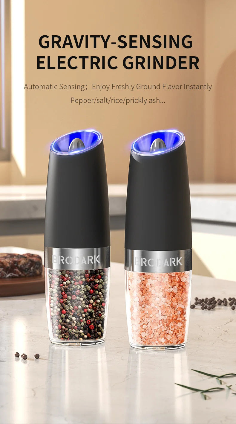 1/2pcs Gravity Electric Salt And Pepper Grinder Set, Battery Powered LED Light One HandAutomatic Operation