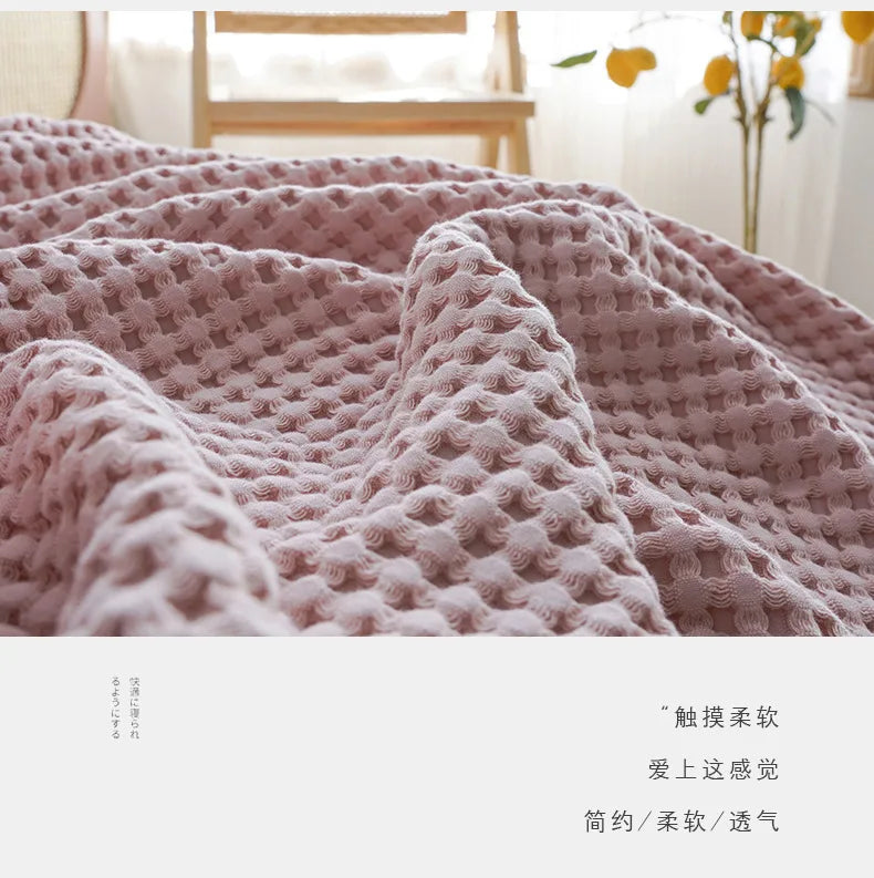 100% Cotton Soft Bed Plaid Home Japenese Knitted Blanket Corn Grain Waffle Embossed Summer Ruffles Warm Plaid Throw Bedspread