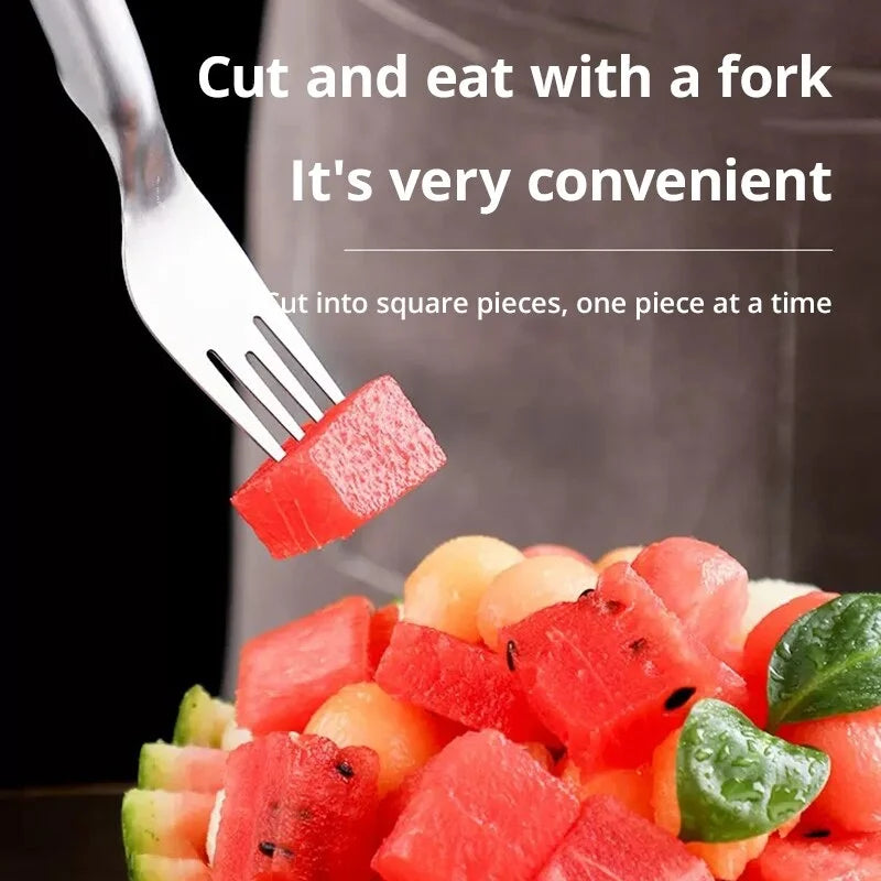 2 In 1 Multi-Purpose Portable Watermelon Slicer Cutter Knife Stainless Steel Kitchen Fruit Cutting Fork