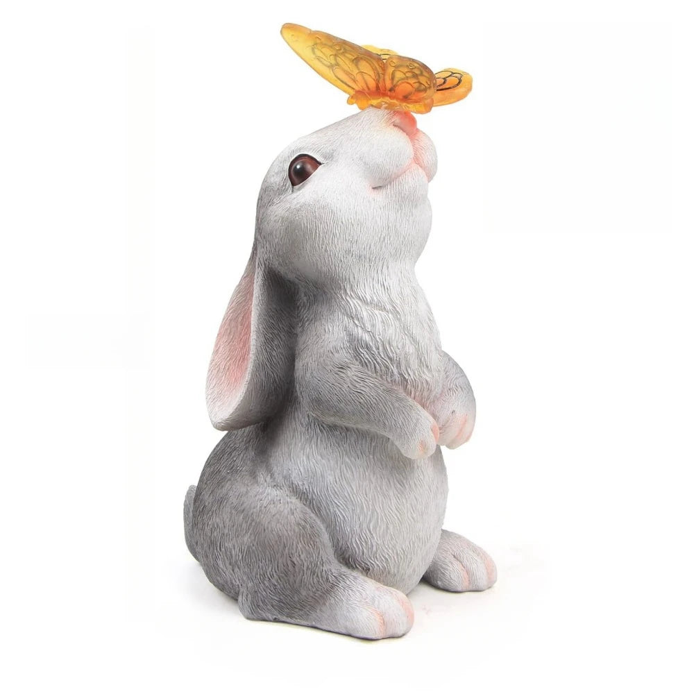 Solar Bunny Statue Garden Decor with Butterfly LED Light Resin Animal Sculpture Figurine Outdoor Decoration for Garden Courtyard