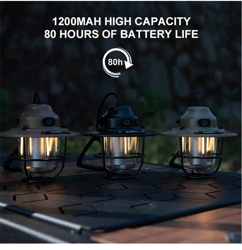 Portable Camping Lanterns Retro Hanging Tent Lamp Waterproof Dimmable Camping Light 1200mAh for Hiking Fishing Emergency Lantern