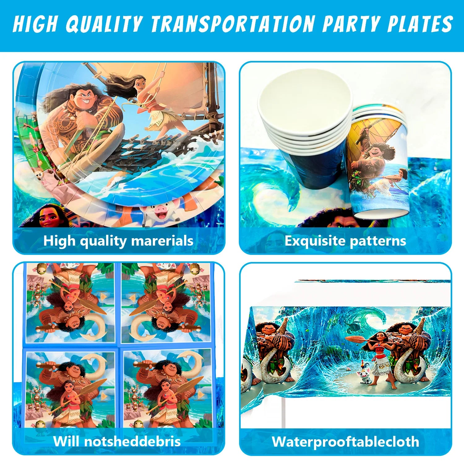 Moana Birthday Party Supplies,85pcs Decorations and Tableware Set-Moana Plates and Napkins Cups Table Cloth Banner Backdrop etc