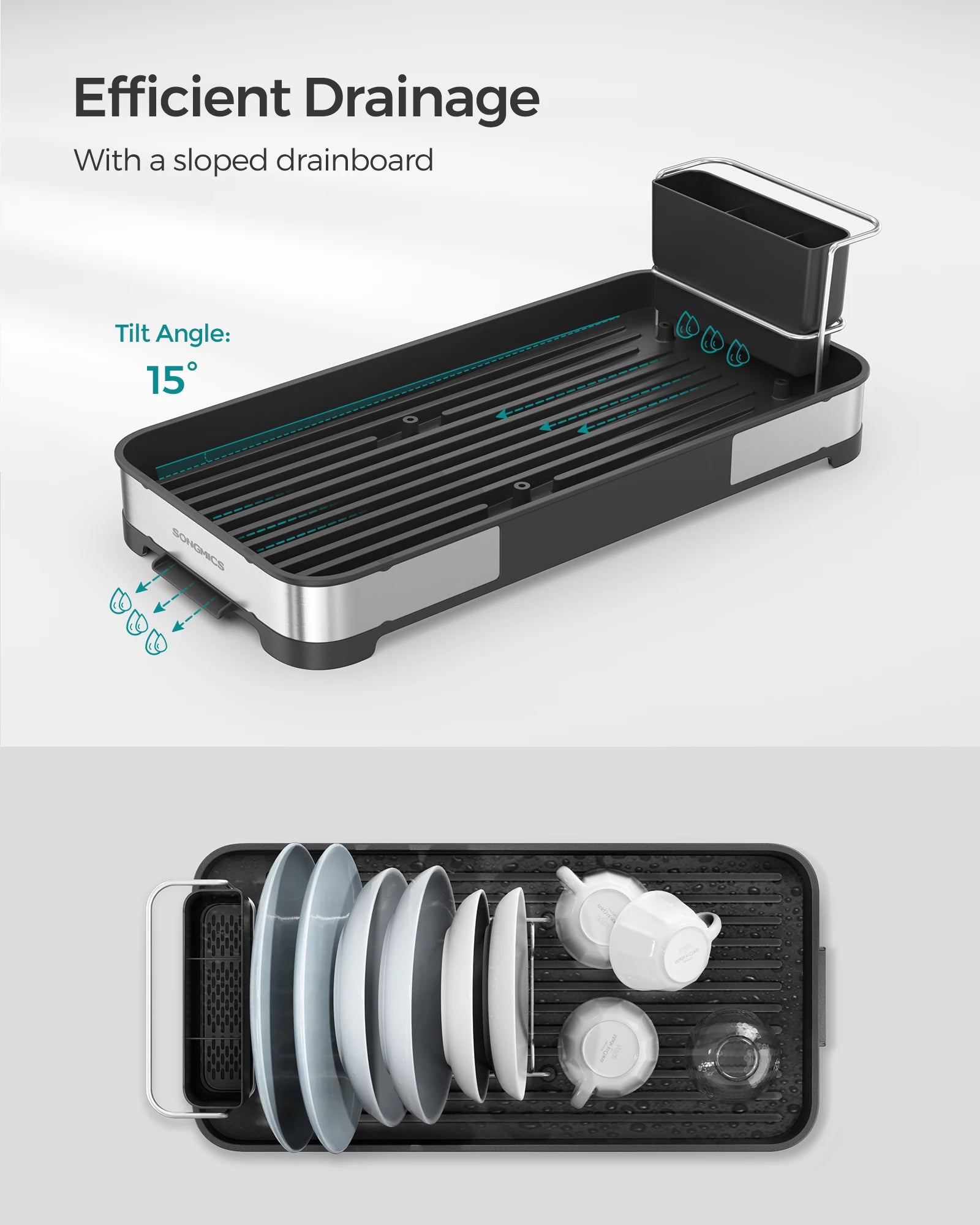 SONGMICS Small Dish Drying Rack, Dish Dryer for Kitchen Counter, Stainless Steel Dish Rack with Drain, Utensil Holder,Rustproof