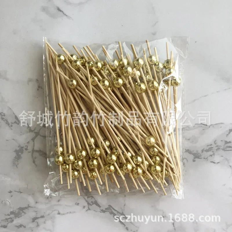 100pcs 12cm Gold Beads Bamboo Fruit Sticks Fruit Salad Snack Fork Cocktail Decor Cake Buffet Toothpicks Party Tableware Supplies