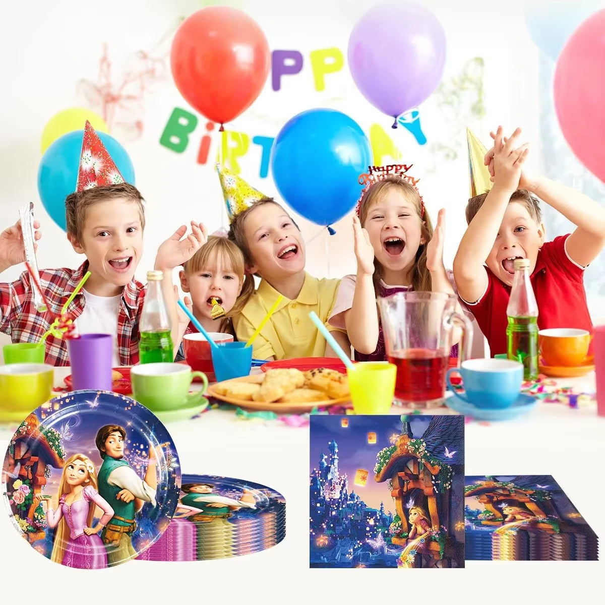 Disney Tangled Rapunzel Princess Party Decorations Disposable Paper Cup Plate Banner Balloons for Girls Birthday Party Supplies