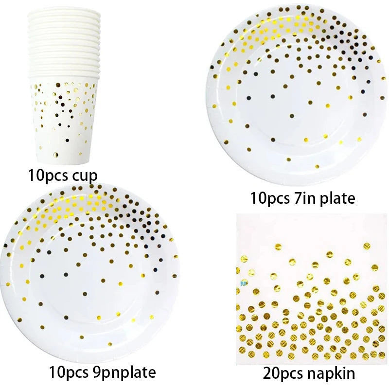 Disposable Paper Plates Gold Party Supplies, Golden Polka Dots Birthday and Baptism Decorations, include Plates and Cups, Napkin