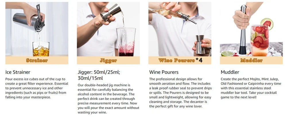 Boston Cocktail Shaker Set 20-Piece Bartender Kit for Home Bar Drink Wine Martini Mixer Cocktail Shaker Bartender Tool 550&750ML