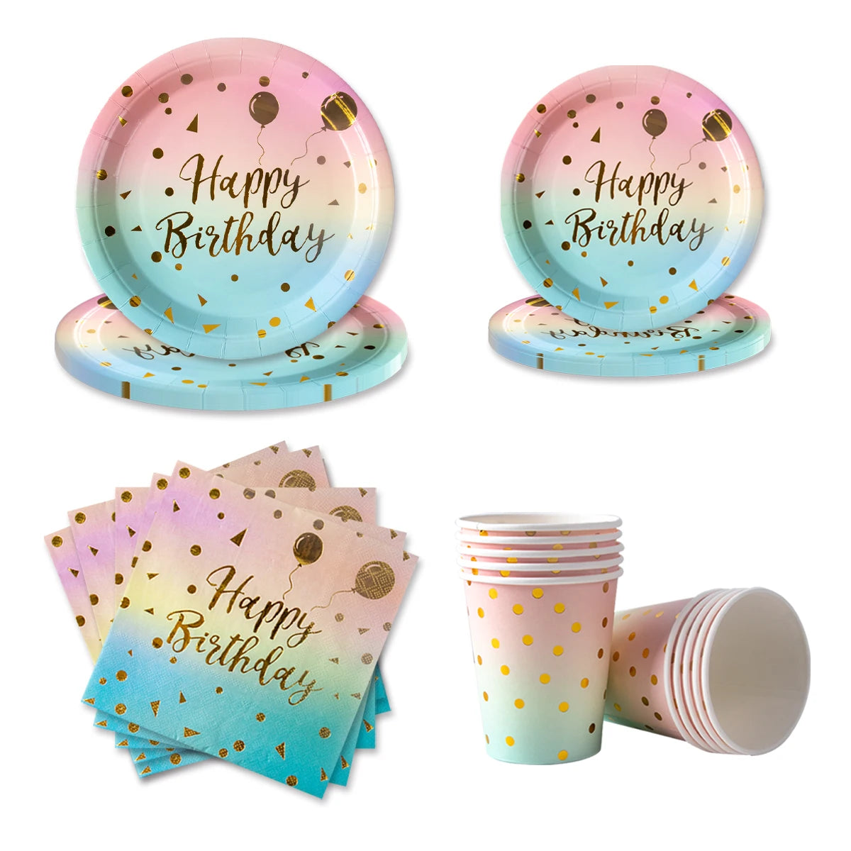 Rainbow Pastel Disposable Tableware Set Gold Glitter Happy Birthday Pattern Paper Plate Cup Napkins for Birthday Party Supplies