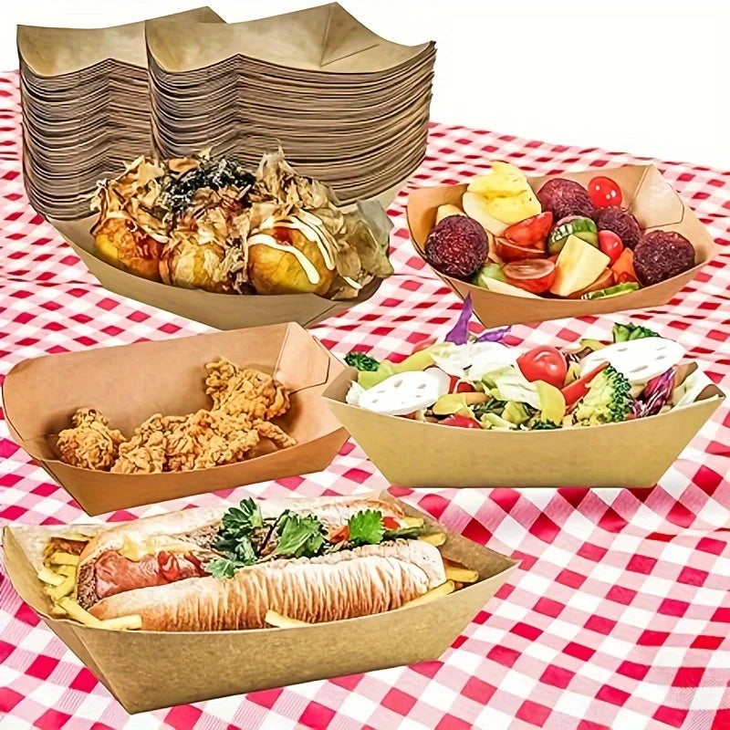 100pcs Kraft Paper Food Tray Heavy-duty Food Boat Trays Disposable Service Basket For Snacks Fries Tacos BBQ Party Tableware Set