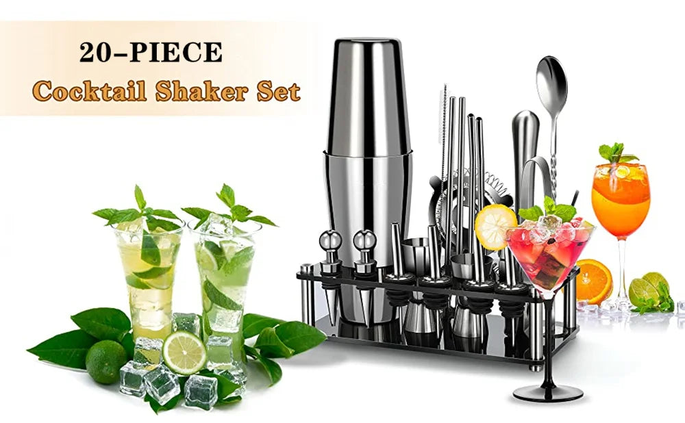 Boston Cocktail Shaker Set 20-Piece Bartender Kit for Home Bar Drink Wine Martini Mixer Cocktail Shaker Bartender Tool 550&750ML