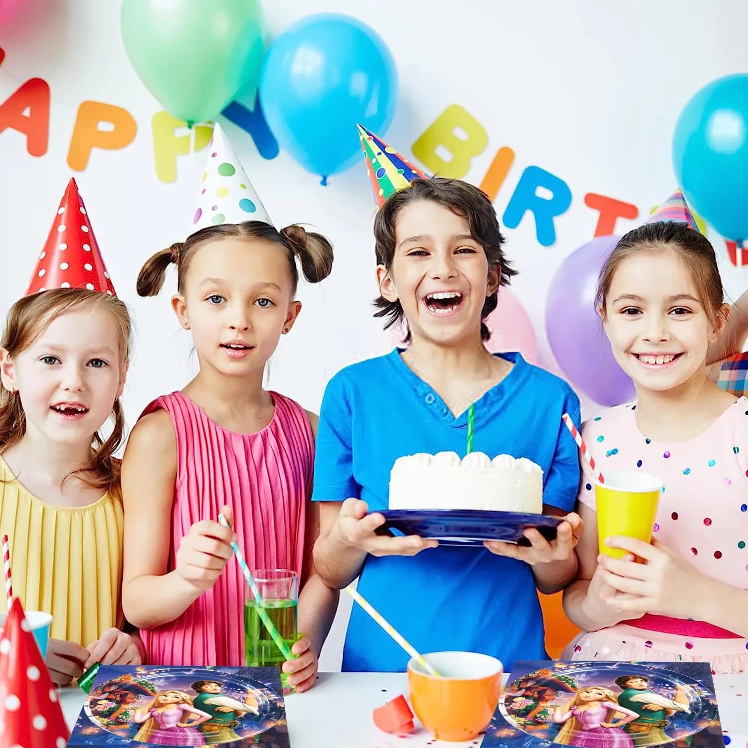 Disney Tangled Rapunzel Princess Party Decorations Disposable Paper Cup Plate Banner Balloons for Girls Birthday Party Supplies