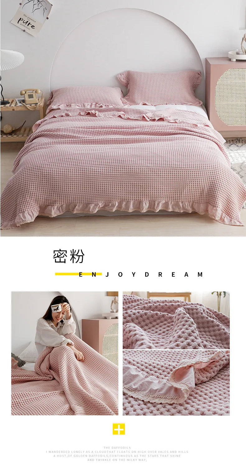 100% Cotton Soft Bed Plaid Home Japenese Knitted Blanket Corn Grain Waffle Embossed Summer Ruffles Warm Plaid Throw Bedspread