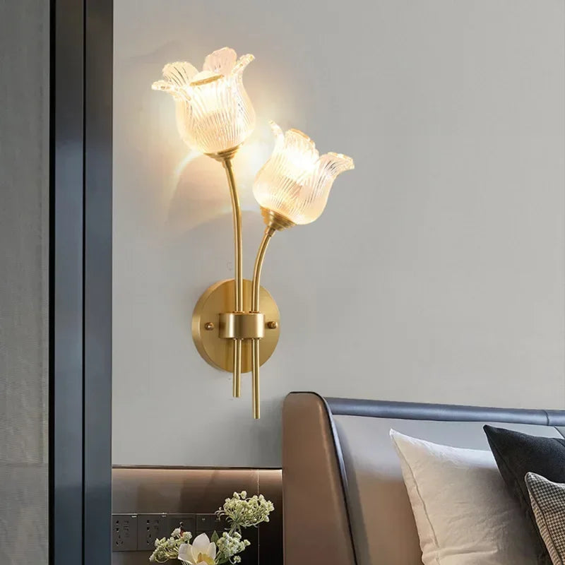 Bedroom headboard  lamp all copper American retro designer flower cream wind wall light room decor