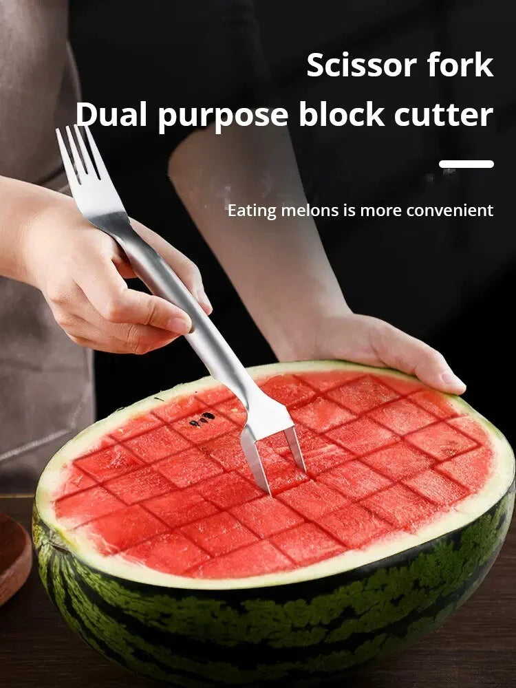 2 In 1 Multi-Purpose Portable Watermelon Slicer Cutter Knife Stainless Steel Kitchen Fruit Cutting Fork
