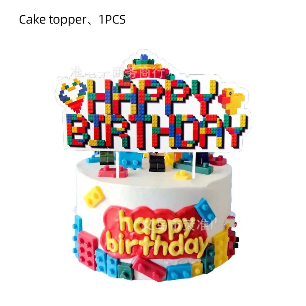 Building Block Tablecloth Theme Party Disposable Tableware Balloon Kid Boy and Girls Birthday Balloon Decor Baby Bath Products