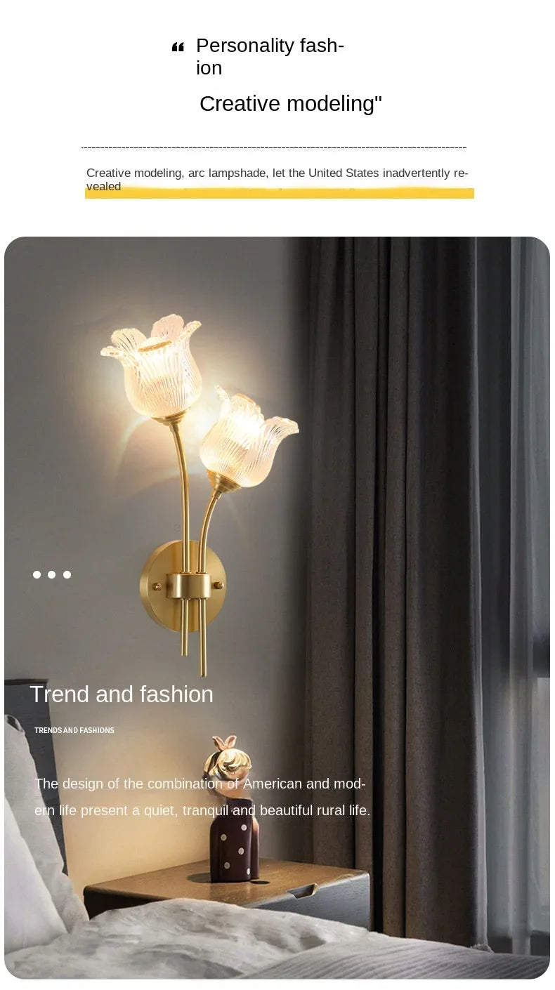 Bedroom headboard  lamp all copper American retro designer flower cream wind wall light room decor